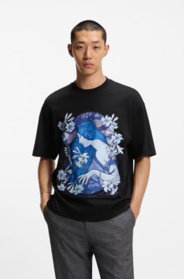 Cotton-jersey T-shirt with floral artwork, Black