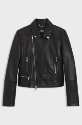 Regular-Fit Bikerjacke aus Leder, Schwarz