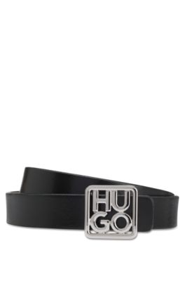 Italian-leather reversible belt with stacked-logo buckle, Black / Beige