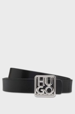 Italian-leather reversible belt with stacked-logo buckle, Black / Beige