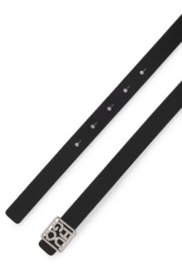 Italian-leather reversible belt with stacked-logo buckle, Black / Beige