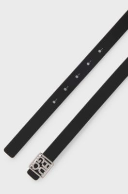 Italian-leather reversible belt with stacked-logo buckle, Black / Beige