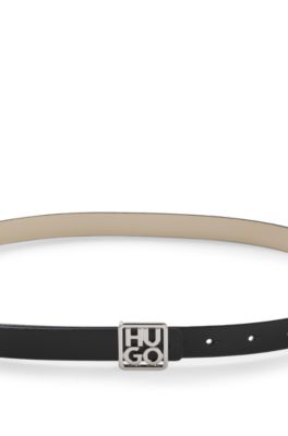 Italian-leather reversible belt with stacked-logo buckle, Black / Beige