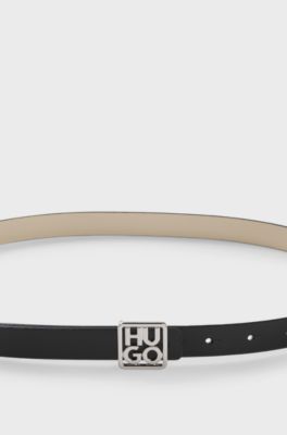 Italian-leather reversible belt with stacked-logo buckle, Black / Beige