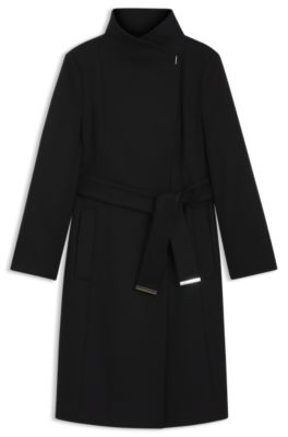 Manteau en laine vierge et cachemire avec ceinture, Noir