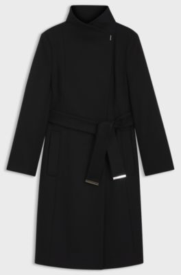 Manteau en laine vierge et cachemire avec ceinture, Noir