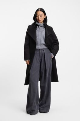Belted formal coat in virgin wool and cashmere, Black