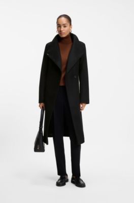 Belted formal coat in virgin wool and cashmere, Black