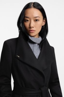 Belted formal coat in virgin wool and cashmere, Black