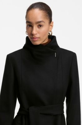 Belted formal coat in virgin wool and cashmere, Black