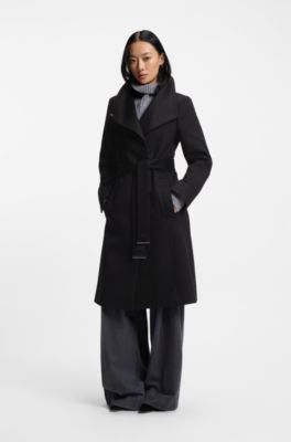 Belted formal coat in virgin wool and cashmere, Black