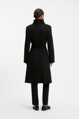 Belted formal coat in virgin wool and cashmere, Black