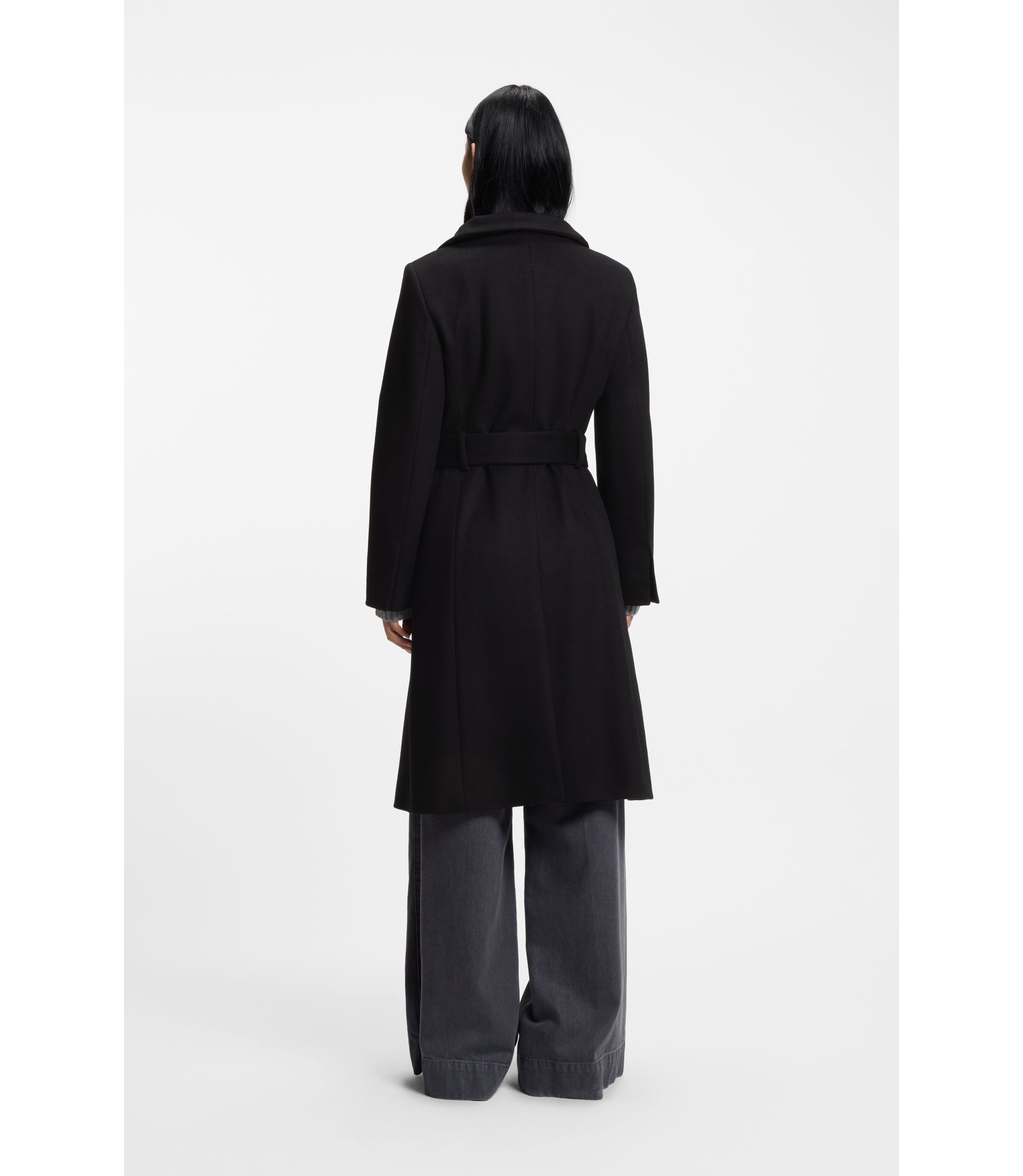ジャケット・アウター HUGO BOSS Double Breasted Wool Coat BOSS - Belted coat in virgin wool and cashmere - Black