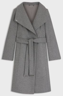 Belted formal coat in virgin wool and cashmere, Grey