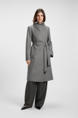 Belted formal coat in virgin wool and cashmere, Grey