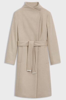 Belted formal coat in virgin wool and cashmere, Natural