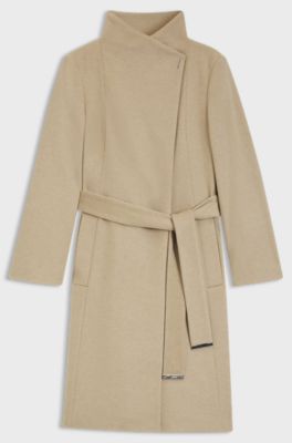 Belted formal coat in virgin wool and cashmere, Light Beige