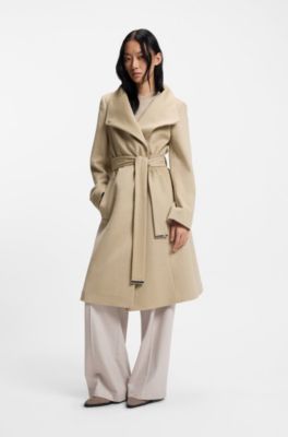 Belted formal coat in virgin wool and cashmere, Light Beige