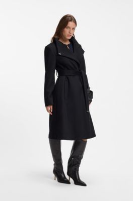 Belted formal coat in virgin wool and cashmere, Dark Blue