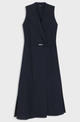 Pinstripe dress with buttoned wrap front, Dark Blue