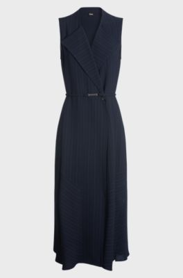 Pinstripe dress with buttoned wrap front, Dark Blue