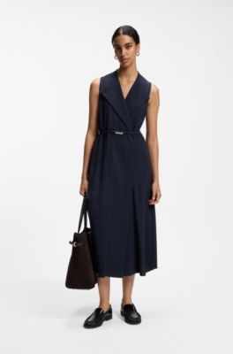 Pinstripe dress with buttoned wrap front, Dark Blue