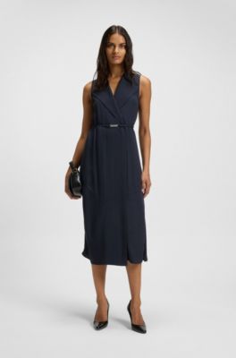 Pinstripe dress with buttoned wrap front, Dark Blue