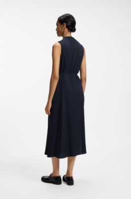 Pinstripe dress with buttoned wrap front, Dark Blue