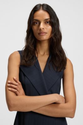 Pinstripe dress with buttoned wrap front, Dark Blue