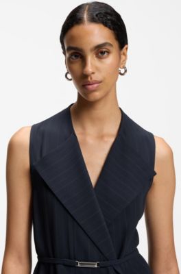 Pinstripe dress with buttoned wrap front, Dark Blue