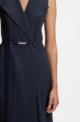 Pinstripe dress with buttoned wrap front, Dark Blue