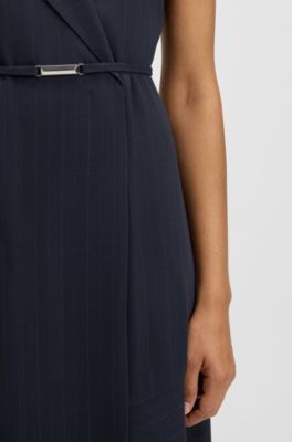 Pinstripe dress with buttoned wrap front, Dark Blue