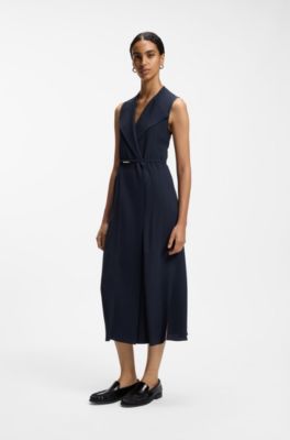 Pinstripe dress with buttoned wrap front, Dark Blue
