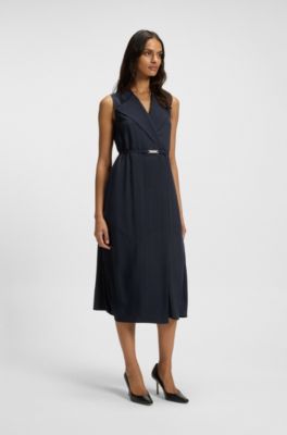 Pinstripe dress with buttoned wrap front, Dark Blue