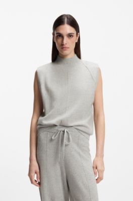Sleeveless knitted top in cashmere with shoulder patches, Light Grey