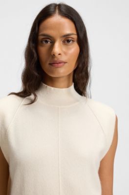 Sleeveless knitted top in cashmere with shoulder patches, White