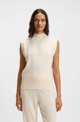 Sleeveless knitted top in cashmere with shoulder patches, White