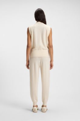Sleeveless knitted top in cashmere with shoulder patches, White