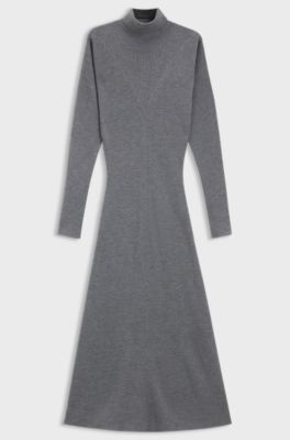 Rollneck sweater dress in ribbed virgin wool, Light Grey