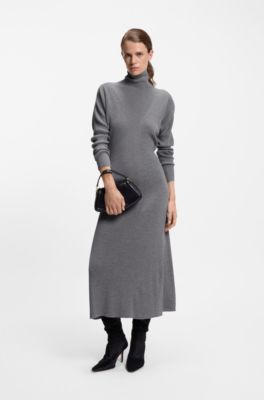 Rollneck sweater dress in ribbed virgin wool, Light Grey