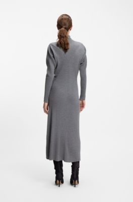 Rollneck sweater dress in ribbed virgin wool, Light Grey