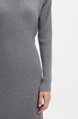Rollneck sweater dress in ribbed virgin wool, Light Grey