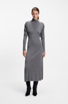 Rollneck sweater dress in ribbed virgin wool, Light Grey