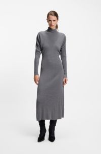 Rollneck sweater dress in ribbed virgin wool, Light Grey