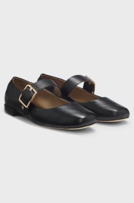 Leather ballerina pumps with buckled strap, Black