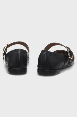 Leather ballerina pumps with buckled strap, Black