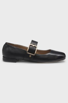 Leather ballerina pumps with buckled strap, Black