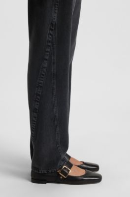 Leather ballerina pumps with buckled strap, Black