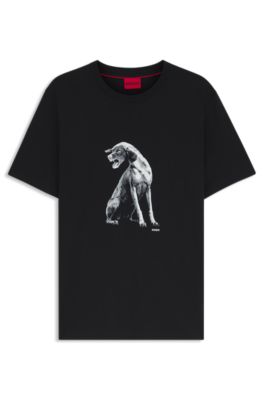 Camiseta de punto de algod&oacute;n con ilustraci&oacute;n de perro, Negro