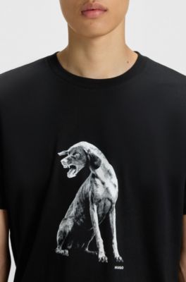 Cotton-jersey T-shirt with dog artwork, Black